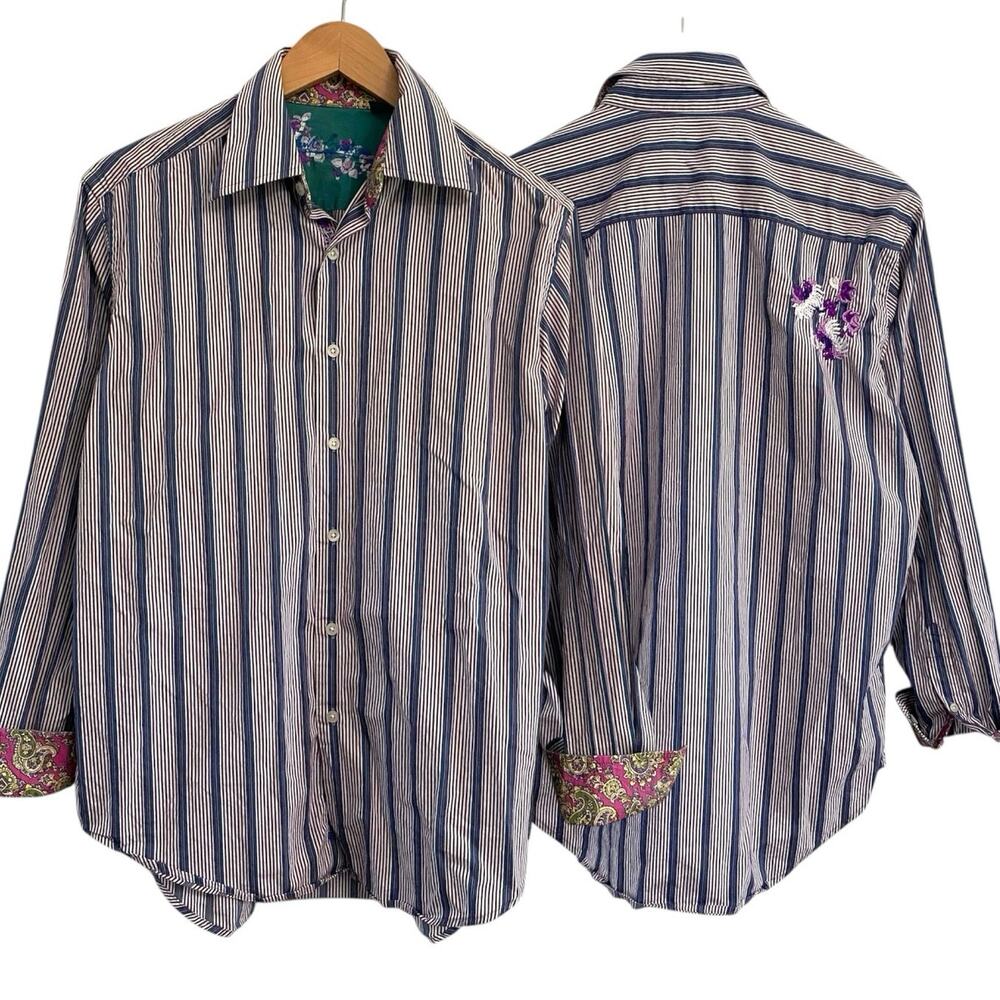 Robert Graham Mens Shirt Striped Silk Trim Medium Embroidered Flip Cuff